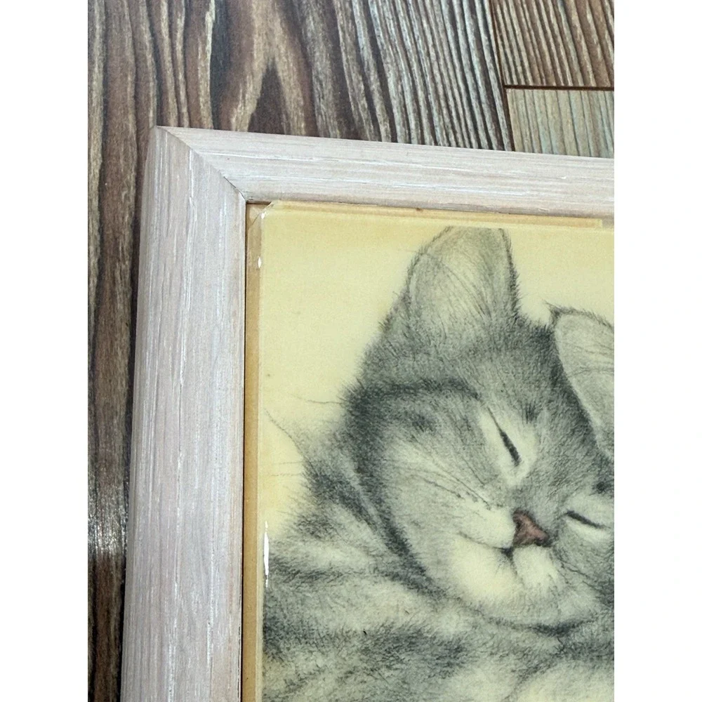 Vtg Wooden Jewelry Box with Tile Top Sleeping KittensVirginia Mille 6 1/2 L 2